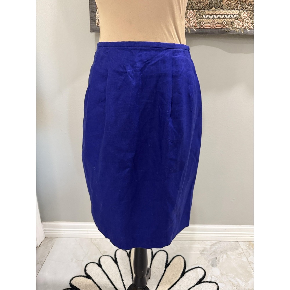 Valerie Stevens Skirt Womens 8 Blue Linen Pleated Knee Length Lined Pencil